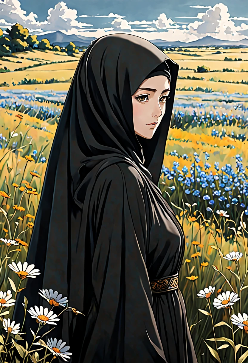 In the Anime style of UFOTABLE studio with excessive details: Illustrate an exquisitely detailed depiction of a 24-year-old woman's face, her unadorned eyes radiating with inner strength and resilience. Draped in a black Abaya and Khimar Hijab, with no hair visible, focus on capturing the natural contours of her face and the subtle interplay of light and shadow. Behind her, a field of wildflowers stretches to the horizon, with vibrant blooms swaying in the breeze. The tranquil setting reflects the woman's inner beauty and connection to the natural world, creating a sense of peace and serenity.