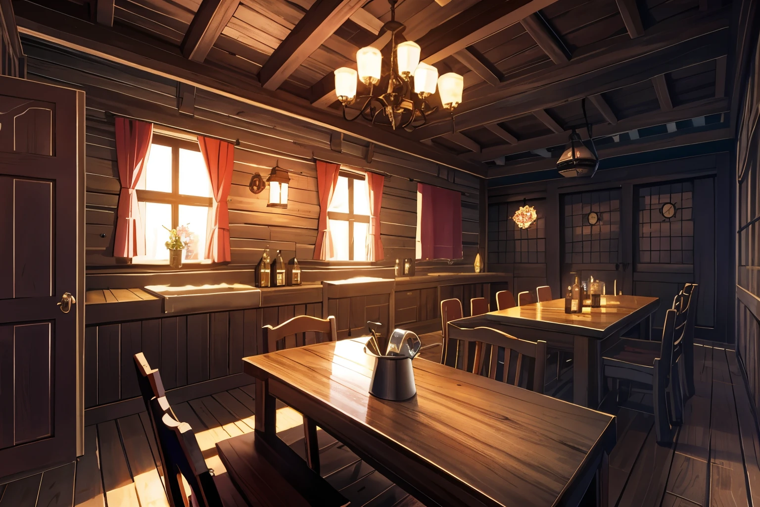 tavern, fantasies, no people, деревянная fantasies таверна, Wooden walls, Spacious room, many wooden tables, gloomy, poor, sadly