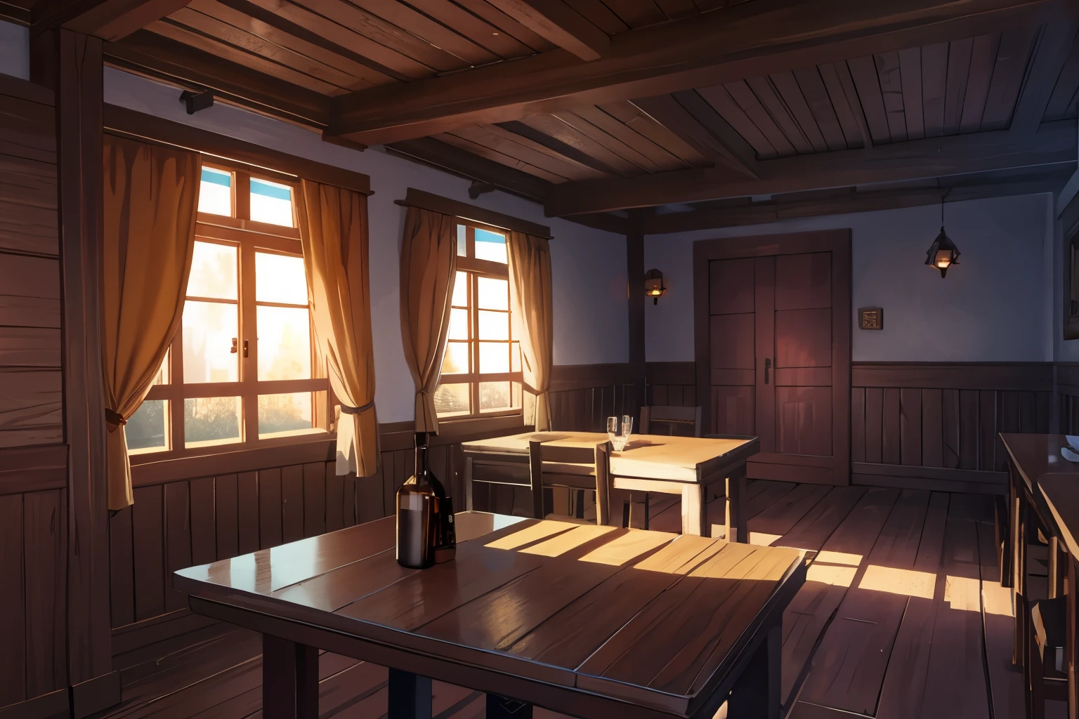 tavern, fantasies, no people, деревянная fantasies таверна, Wooden walls, Spacious room, many wooden tables, gloomy, poor, sadly