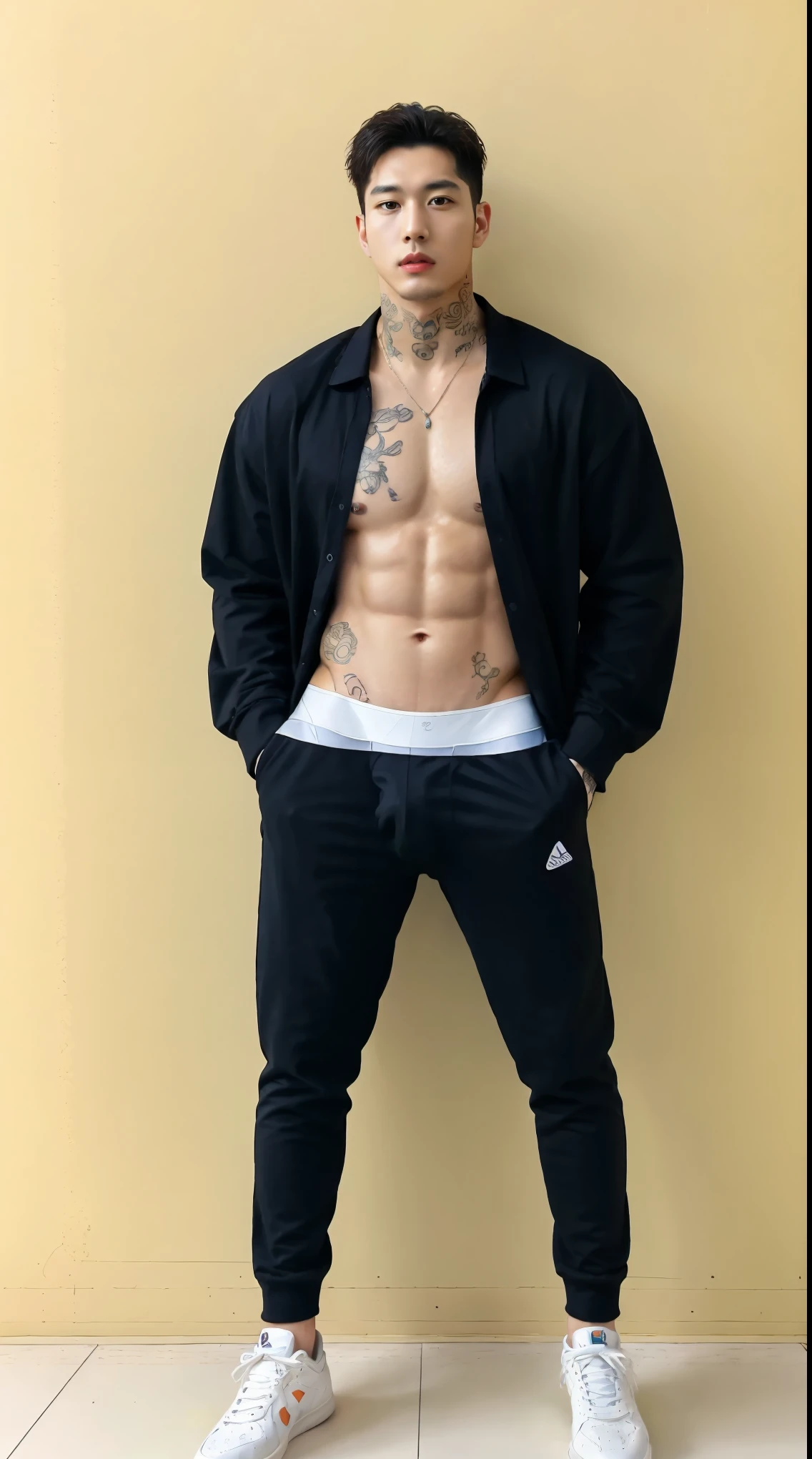 A man with a tattoo on his chest and a black jacket - SeaArt AI