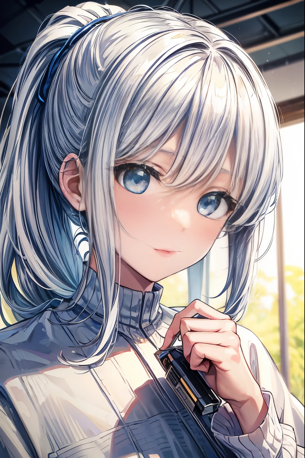Best detail, masterpiece, best quality, highres, absurdres, 8k, 1girl, blue eyes, white hair, ponytail, science fiction, bangs,