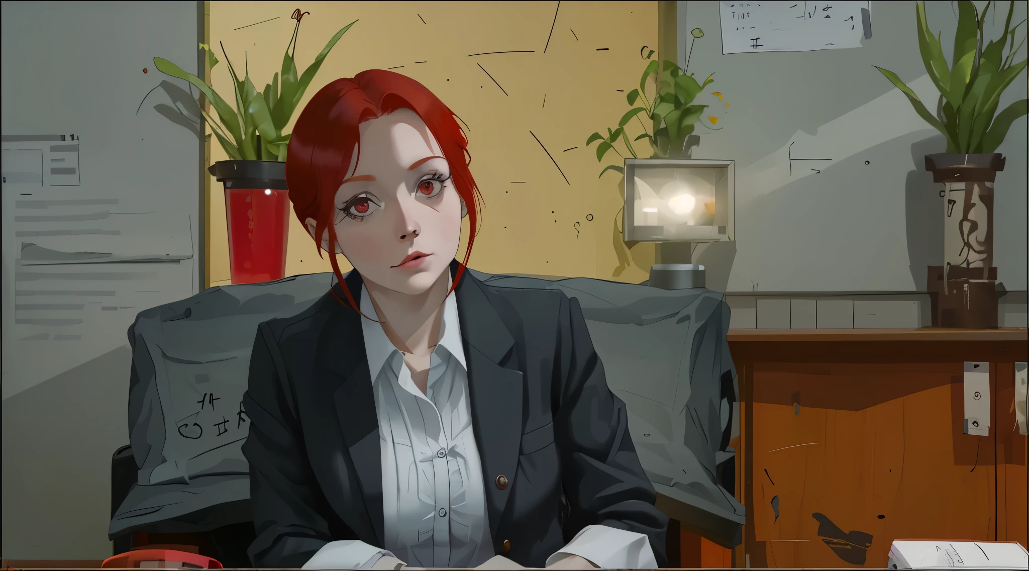 red-haired woman, red eyes, 30 years old, she is the director of the school, she looks at me, she is plotting something bad