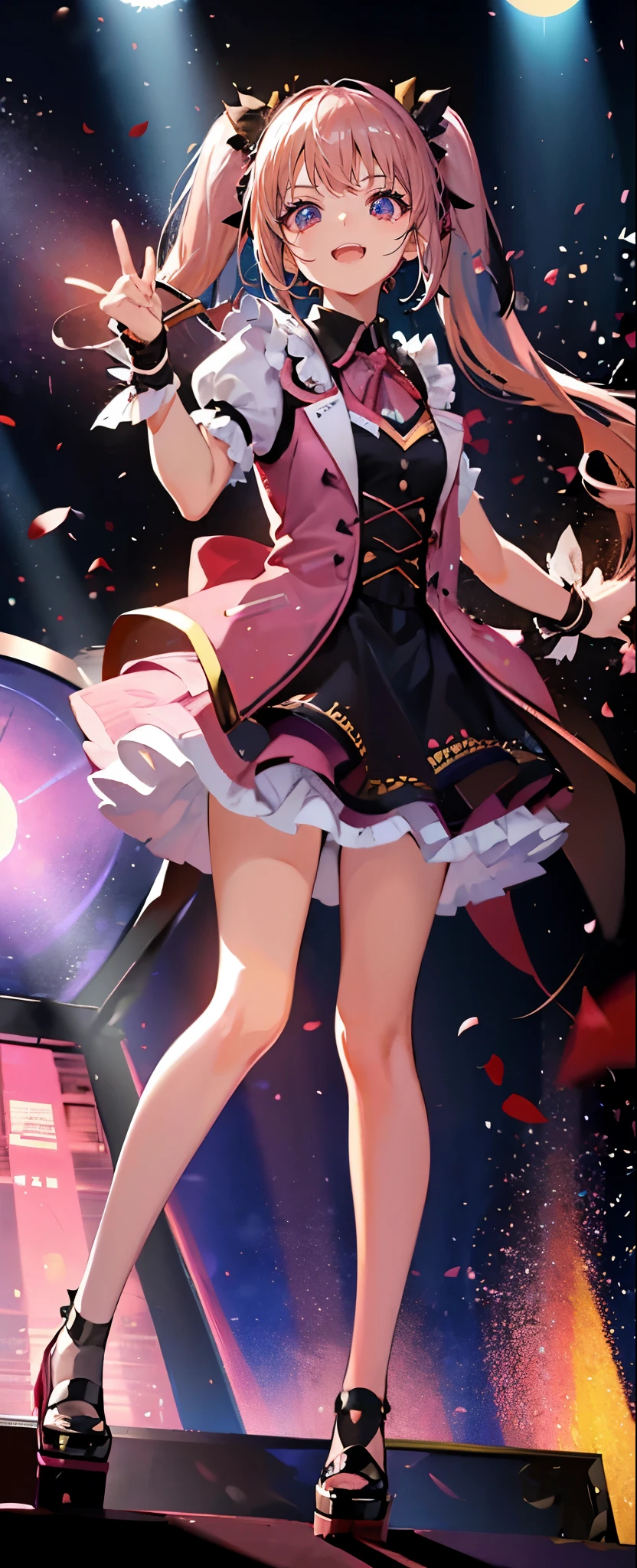 (muste piece), (best quality), very detailed, ((1 girl)), solo full body shot,Viewer's perspective,Low - Angle,dynamic,jump,(smile),wink,perfect face, beautiful face, very detailedな顔,((Pink hair long twin tails_red eyes:1.3)),Gorgeous idol costumes,solo idol,ribbon hair ornament,concert dome,live,have a microphone,singing,smiling with mouth wide open,Laser Light,Spotlight,Lots of confetti