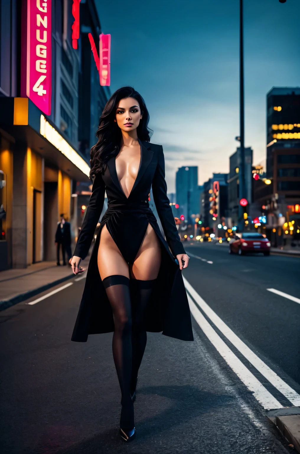 (Best quality,4K,A high resolution:1.2), Ultra-detailed,(full body shot shot)women, 30 years old, sexy skinny woman, skinny legs, small waist, skinny body, long black hair, Prostitute, hooker, walked seductively on the street, walking to camera, Confident posture, cityscape in the background, Dark and mysterious atmosphere, A vibrant and energetic scene, Strong presence, dynamic shadowing, subtle reflections, High contrast lighting, Modern and urban environment, Striking visual composition, Dramatic and avant-garde style, Special attention to detail, Rich depth of field, Exquisite craftsmanship, Impressive realism, Artistic and elegant expression, Flawless makeup, Confident and seductive expression, black stockings, business outfit,