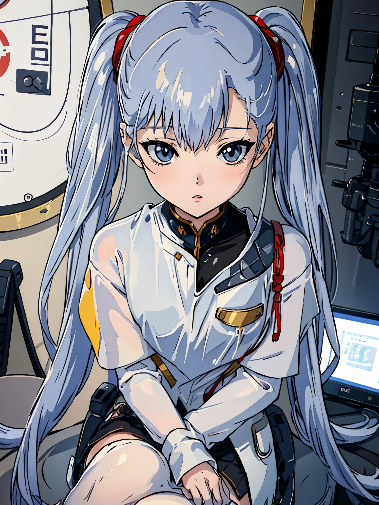 Anime girl sitting on a chair in a room with a clock, Cyborg - Silver-haired girl, portrait anime space cadet girl, Kantai Collection Style, From the Azur Lane video game, official artwork, android heroine, ayanami, Detailed anime original drawing, azur lane style, perfect android girl, light novel cover picture, zodiac girl portrait knight, white haired god