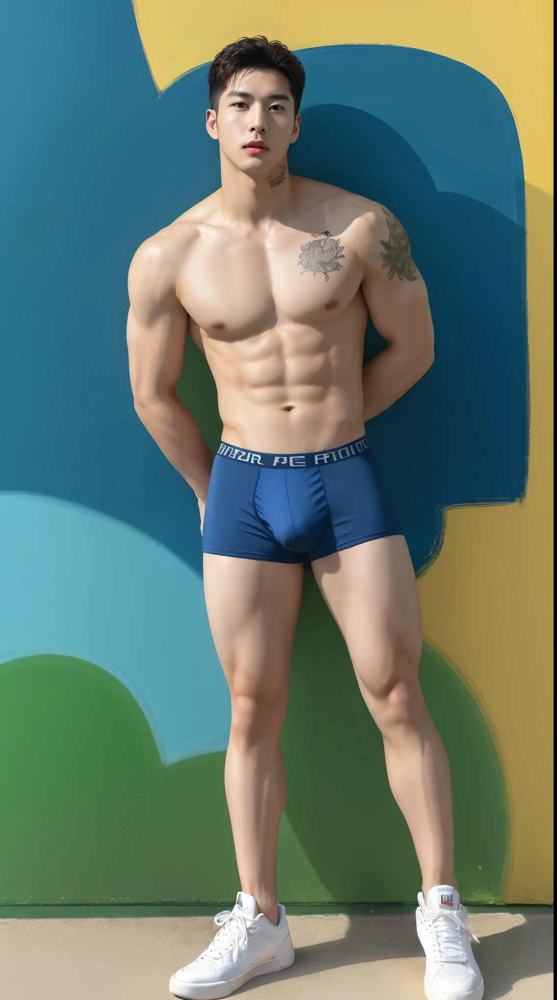 A high-definition, 8K, hyperrealistic portrait of a handsome Korean man with tattoos, facial hair, detailed face,well-defined muscles, exquisite facial features, fully but wearing underwear and sneakers. The background is filled with vibrant and colorful tattoos. Use the style of a post-impressionist painter like Vincent Van Gogh or Paul Gauguin. Include elements of surrealism and hyperrealism, full body, sexy, seduction, sensual, big bulge
