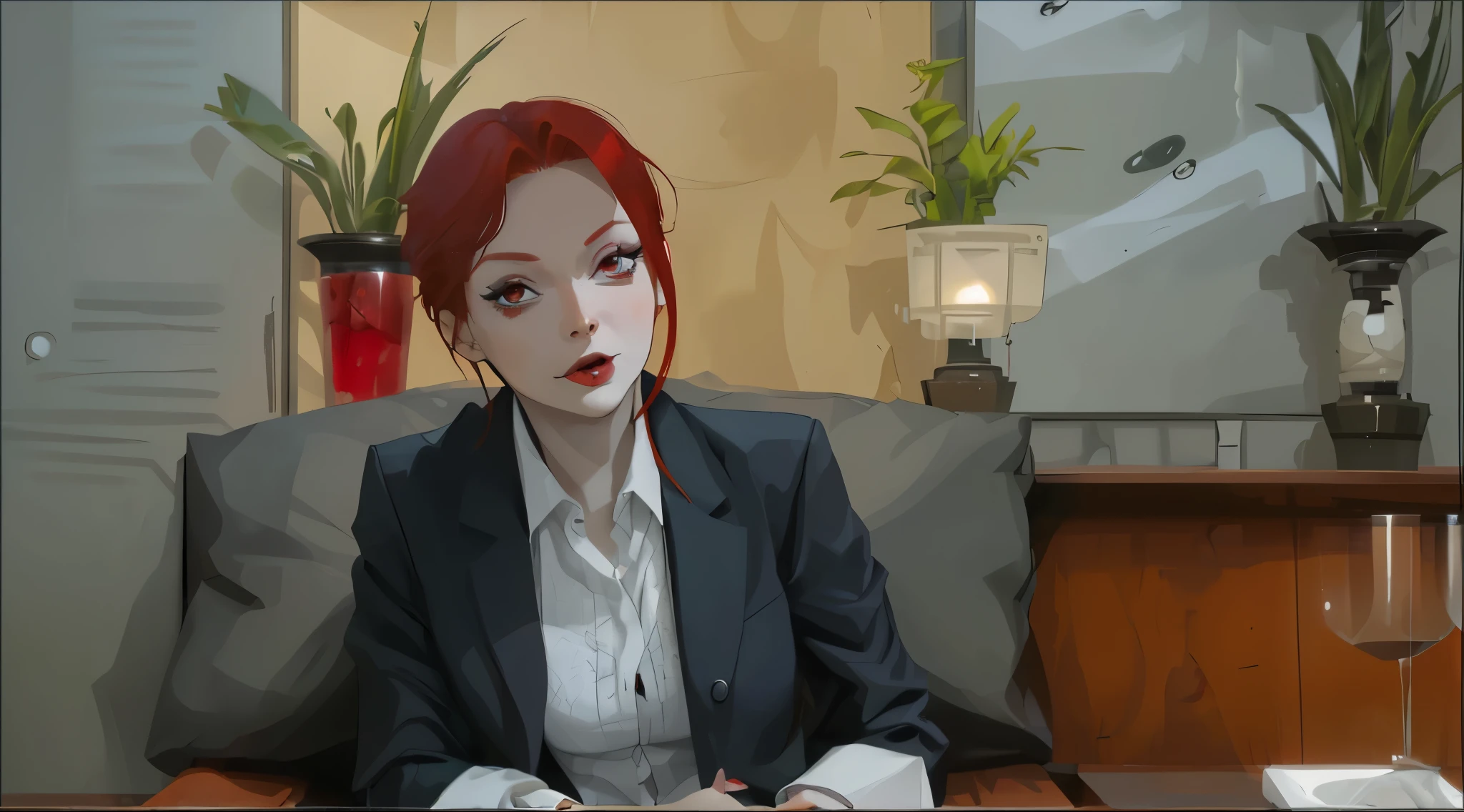 red-haired woman, red eyes, 30 years old, makes gestures with an evil, mischievous and sensual look