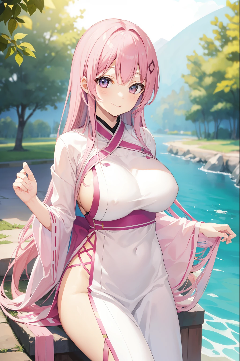 pink hair、long hair、big breasts、sexy、cute、beautiful girl、smile