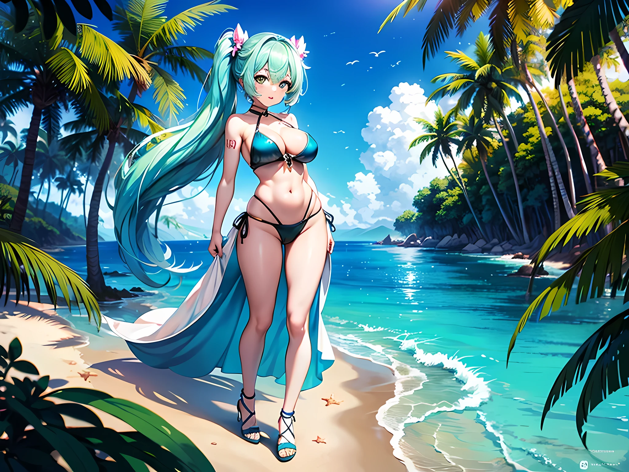 Hatsune Miku,sling bikini,high heels,posing for camera,big breasts,hourglass figure,ultra-realistic,vibrant colors,studio lighting,anime,beach background,wavy hair,playful expression,sunlight,sandy beach,summer vibes,crystal clear water,surrounded by palm trees,swimsuit model,digital illustration,sharp focus,attention-grabbing,photorealistic,sexy,confident presence,breathtaking,striking,bokeh