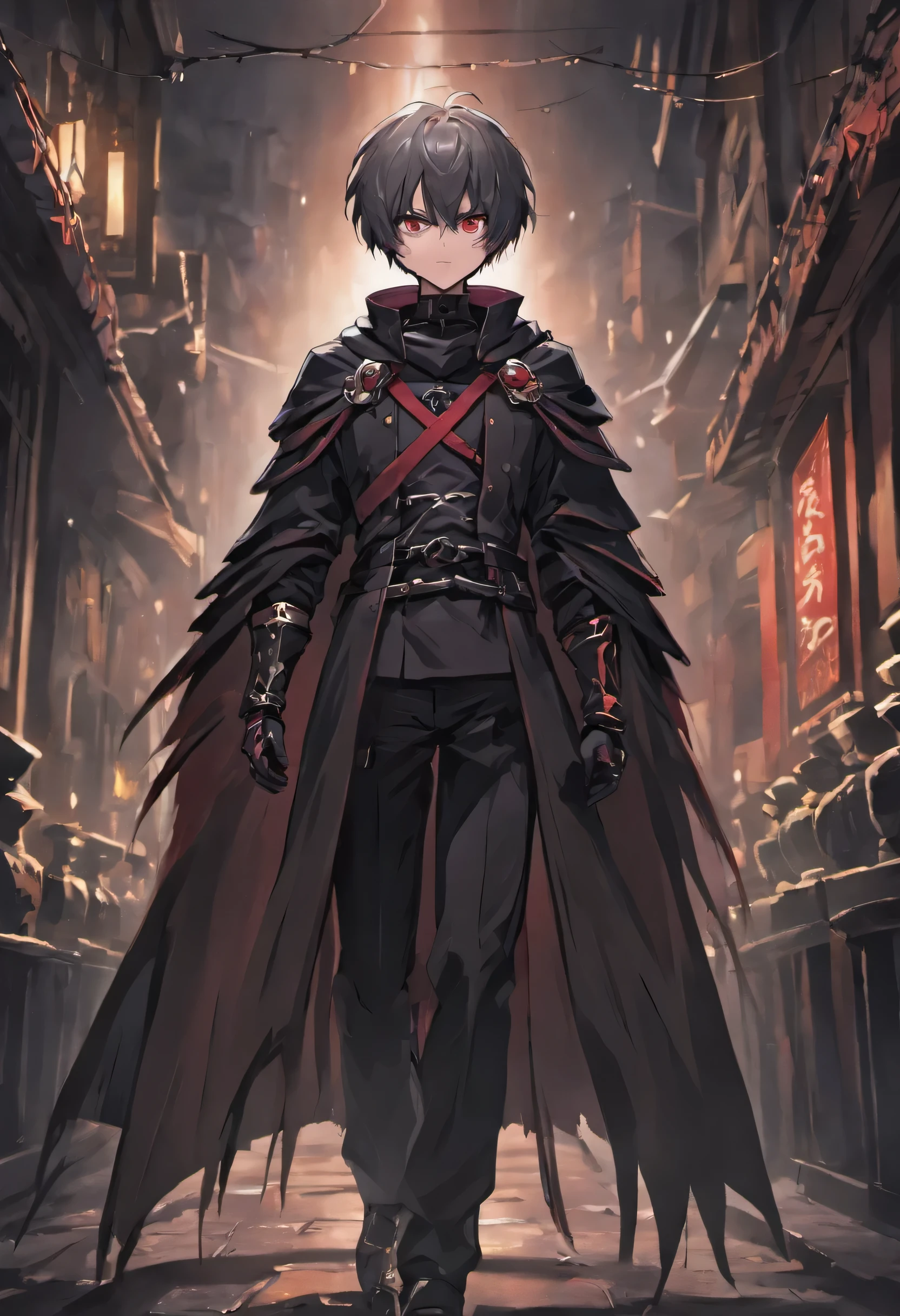 (ultra-detailed CG unit 8k wallpaper, Master parts, Best quality, depth of fields, hdr), 1boy, anime character, short silver hair, long black cape, turtleneck, serious, mask in the eyes, The mask is painted with a scary smile, white mask, The mask fits the face just right, on top of a old town (night) , vigilant, trained physique, assassin style, black clothing all over the body, agile, light armor, anime (Master parts: 1.4) (illustration: 1.4), Red studio lighting, Post-processing, 8K resolution, deep dark background, imponent, Well-composed photos, Impressive, (darken: 1.5)