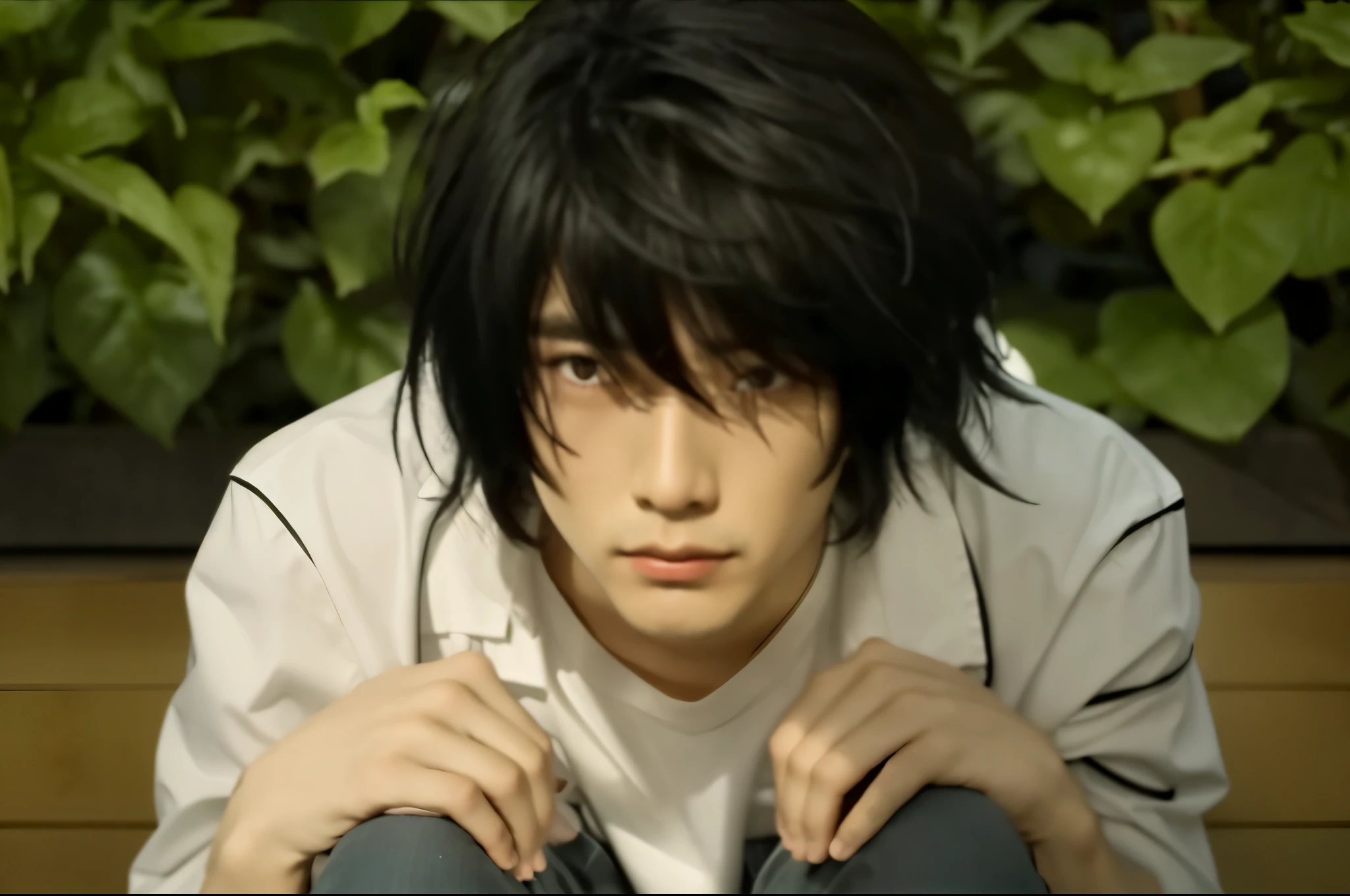 A handsome guy with black hair, wearing a white shirt and black pants, setting