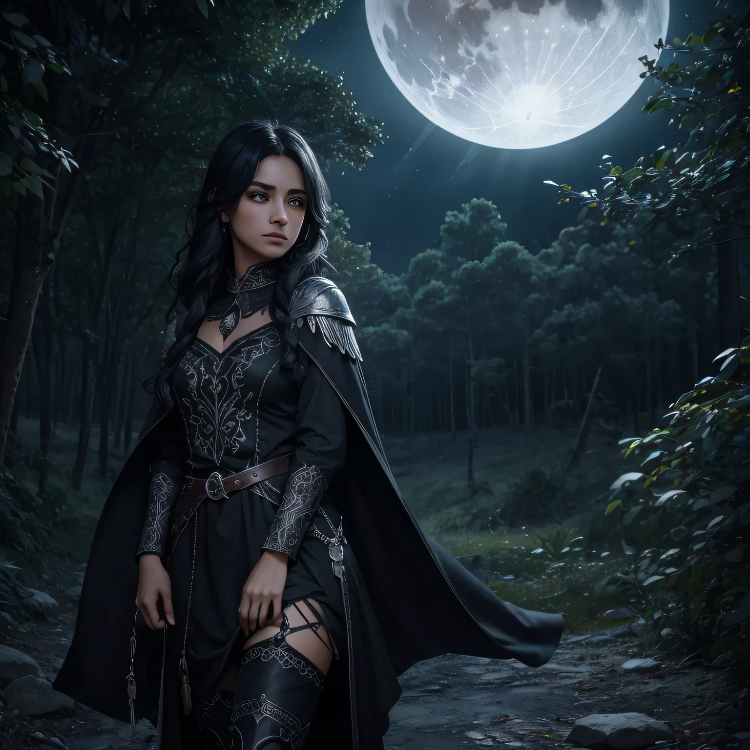 Elara es una mujer de cabello negro y ojos profundos, with a look that reflects the same darkness that lives in the hearts of wolves. He wears a dark tunic adorned with silver embroidery that evokes forest vines.. Lleva botas robustas de cuero y un collar de cuero con piedras preciosas y un colgante de luna creciente, symbolizing its connection with the night and nature. Su atuendo combina funcionalidad con elegancia, reflejando su naturaleza salvaje y su profundo respeto por el entorno natural.