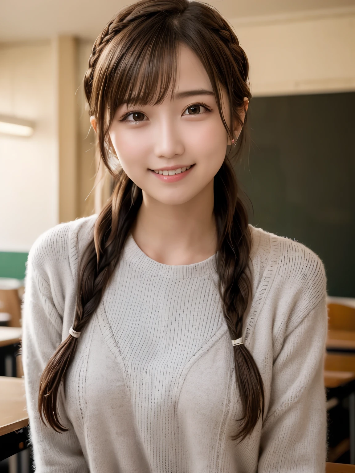 masterpiece, best quality, 8K, disorganized person, (whole body:1.4), beautiful girl, pretty face, looking at the viewer, smile, super realistic, high resolution, beautiful photo, sharp focus, HDR, face light, dynamic lighting, movie lighting, professional shadow, highest details, very detailed, Super detailed, fine details, real skin, delicate features, detailed face and eyes, sharp pupils、 (((Braid))) 後ろ向き 自然なsmile Smile with your teeth showing. Turn around. Your body line will be clearly visible. (((Clothes like AKB))) classroom