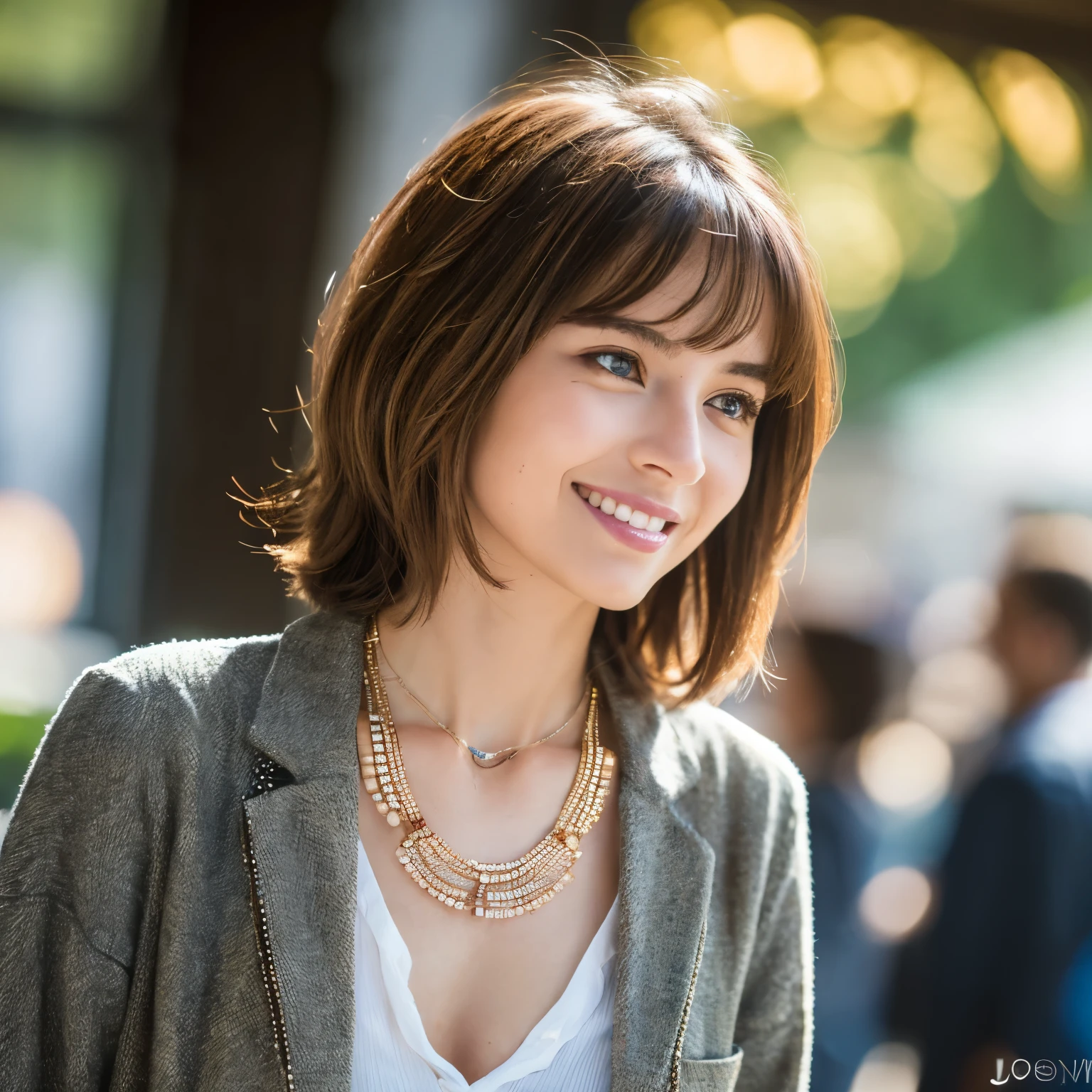 (in 8K, Raw-Photo, Best quality, Masterpiece:1.2), 1 girl , 20 years, 3/4 Body, beauty, Asian, Japanese mix, Balkan origin, slim normal body, caramel layered hair color exposed breasts,o short hair, (Wavy hair), Bob cuts his hair,(Show your teeth and smile), I look at the viewer, blazers, tucked into shirts, ripped skinny jeans, office outfit, professional look, (beaded necklace:1.2), ((Highest quality, 16 K, Masterpiece: 1.3)), Biologically correct person, Link, detailed faces, detailed lips, detailed eyes, sparkling eyes, realistic students, brown pupils, open, accommodation, Elegance, At the coffee shop, the world in the face, gold watch, ambient light, backlight, Summer, people in the background are watching, cinematic look, deep depth of field, blurred background