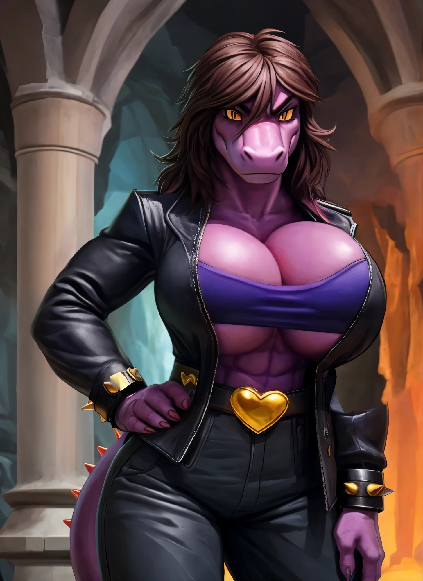 [Susie], [Delta-Rune], [Hochgeladen auf e621.Netz; (Pixelsketcher), (wamudraws), (Wollwolle)], ((Meisterwerk)), ((HD)), ((good quality)), ((Solo portrait)), ((Vorderansicht)), ((Schuppen; Anthro)), ((detailliertes Fell)), ((detaillierte Schattierung)), ((beautiful render art)), ((Komplizierte Details)), {Anthro dinosaur; (athletische Figur), violette Schuppen, (Reptilienschnauze), sweet yellow eyes, (black students), (Bags under the eyes), (kurze Wimpern), (langes, massiges braunes Haar), langer Eidechsenschwanz, (beautiful hips), (muscular legs), (angry), (Stirnrunzeln)}, {(Schwarze Lederjacke), (lila Shirt), (Dekollete), (weite Hose in Pink), (schwarze Stiefel), (gold heart shaped belt buckle), (stachelige Armschienen)}, {(Stehen), (Arme seitlich), (Blick auf den Betrachter)}, [Hintergrund; (dunkelviolette cave), (cave), (Ruinen), (Umgebungsbeleuchtung)] large breast implants, breast expansion, pump up breasts