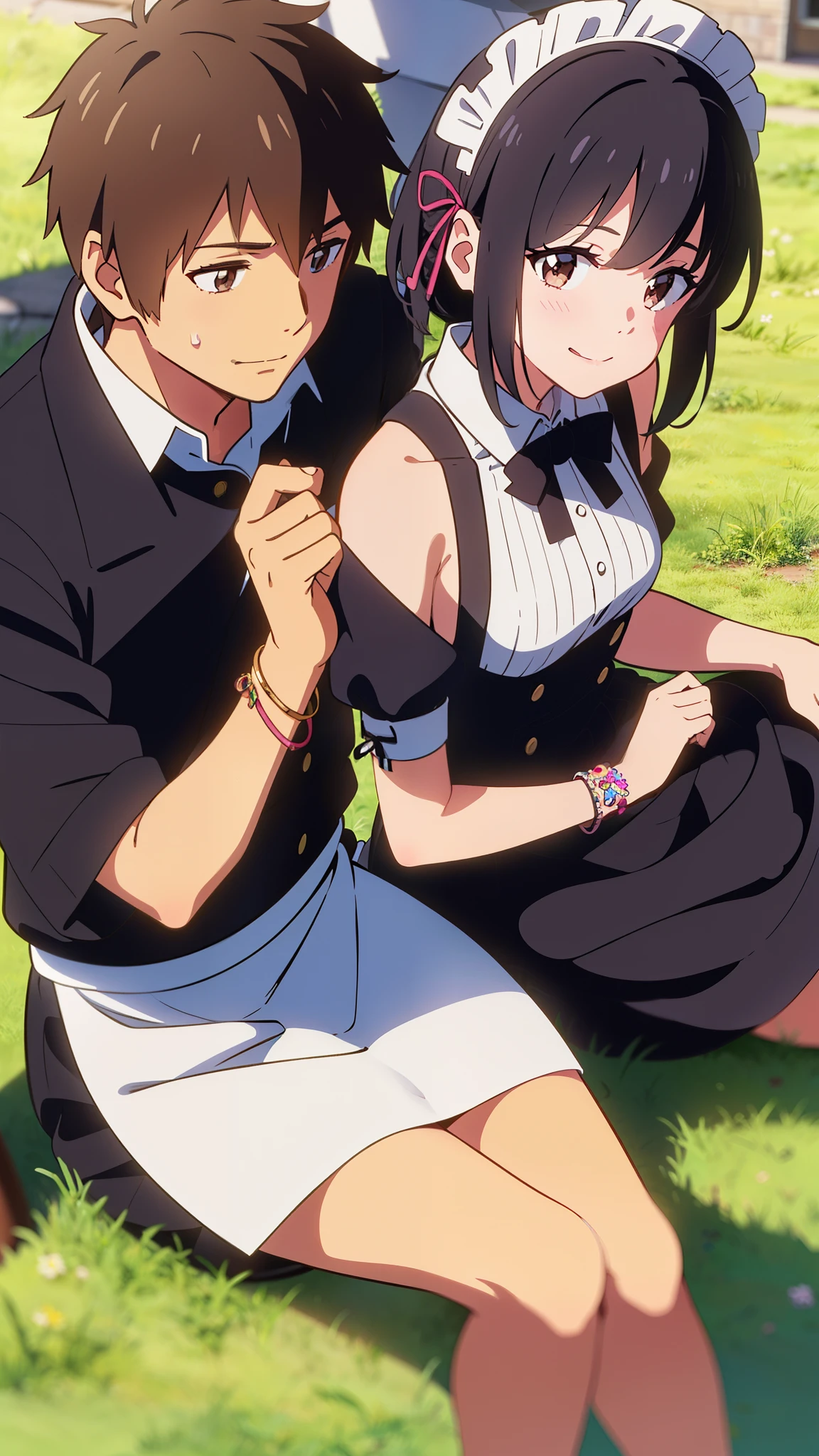 shinkai makoto, kimi no na wa., 1girl, 1boy, bangs, black hair, blush, brown eyes, (boy wear Suspender Clothes), ((girl wear maid dress, maid, apron, maid headdress, short dress, Off-the-shoulders)), bow, ribbon, short hair, smile, open mouth, looking at the viewer, cute, love, heart, couple, adorable, dating, bracelet, sitting, sitting on grass, grass