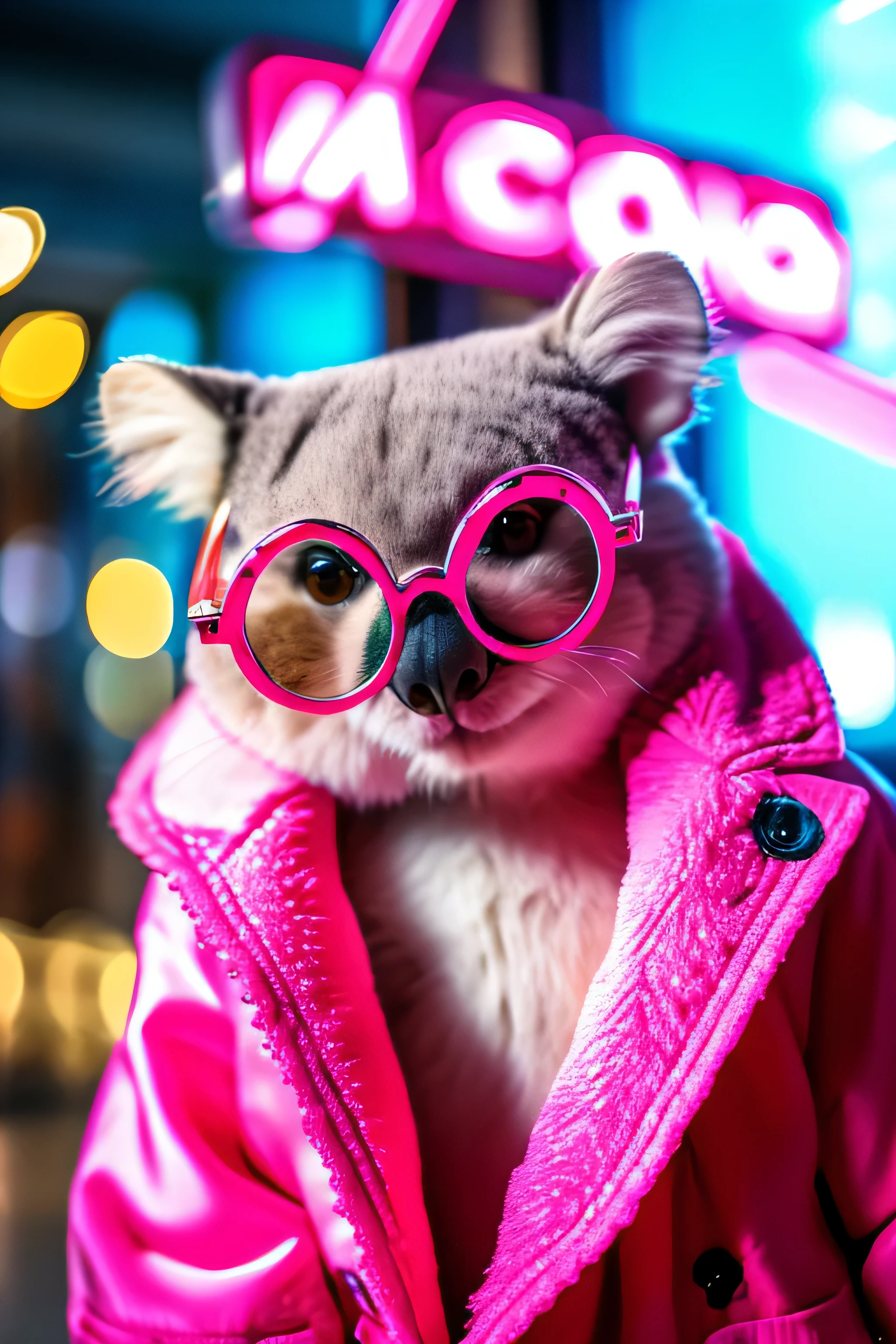 a koala in sunglasses and a pink fur coat holding a sign, indoors, glamour