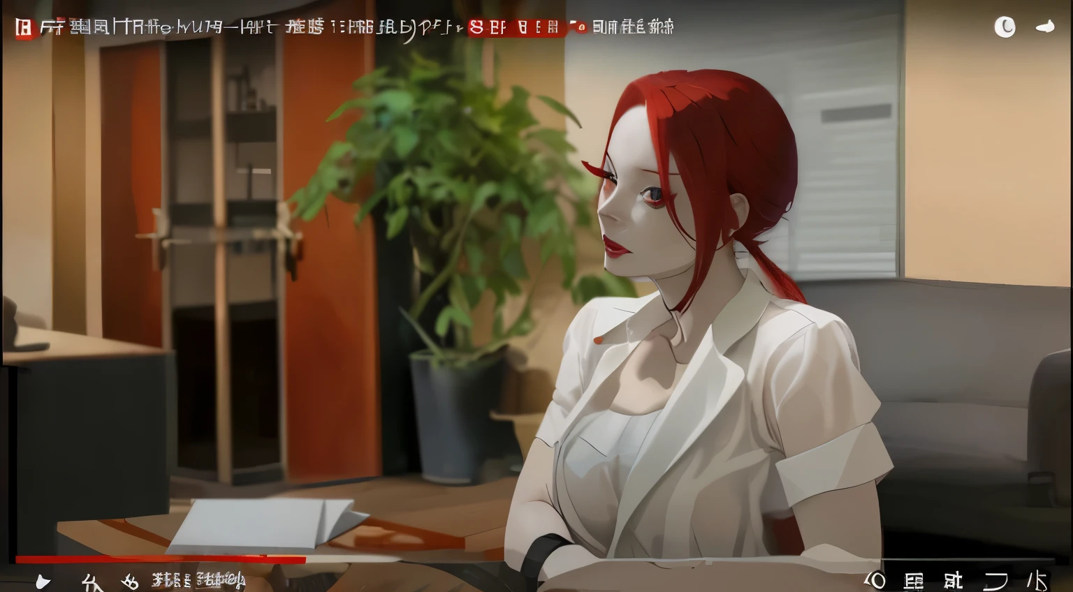 red-haired woman, red eyes, 30 years old, makes gestures of evil, mischievous and sensual look, improve face