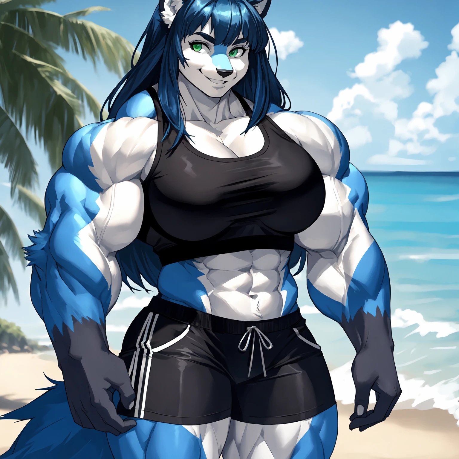 by darkgem, by duase, by BNG, by sligarthetiger, solo, 1girl, sergal, anthro, female, older woman, bodybuilder, muscular, thicc, heavy, (white fur:1.5), (black hair:1.3), (huge hair:1.2), (silver streaks in hair:1.1), furry body, wide body, wide hips, muscular thighs, thick thighs, big arms, (huge breasts:1), (heavy breasts:1.3), nipple outline, highly detailed eyes, milf, large areolae, (tank top:1.3), (g-string:1.4), bare midriff, Masterpiece, best quality, absurd res, highly detailed, cleanly drawn eyes, beach environment, cute smile, buff, walking, tall, amazon, bare feet,