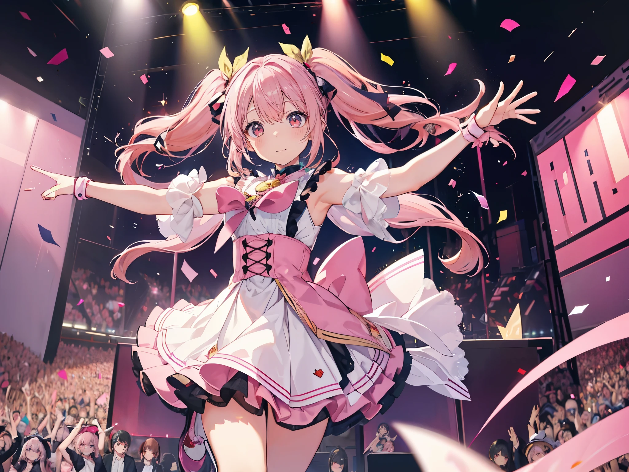 (muste piece), (best quality), very detailed, ((1 girl)), solo full body shot,Viewer's perspective,dynamic,jump,(smile),wink,perfect face, beautiful face, very detailedな顔,((Pink hair long twin tails_red eyes:1.3)),Gorgeous idol costumes,solo idol,ribbon hair ornament,concert dome,live,have a microphone,singing,smiling with mouth wide open,Laser Light,Spotlight,Lots of confetti