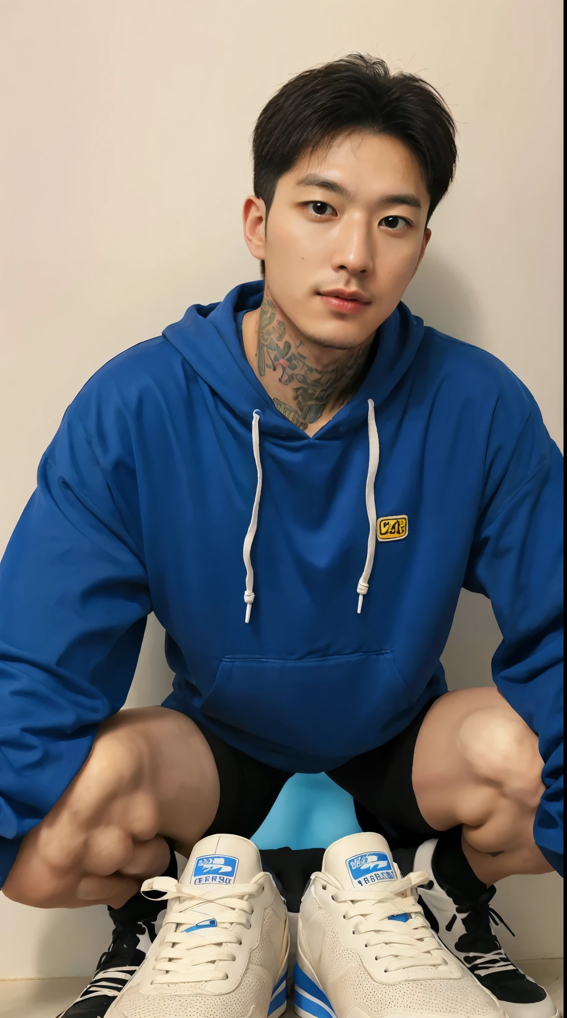 A high-definition, 8K, hyperrealistic portrait of a handsome Korean man with tattoos, facial hair, detailed face,well-defined muscles, exquisite facial features, fully but wearing underwear and sneakers. The background is filled with vibrant and colorful tattoos. Use the style of a post-impressionist painter like Vincent Van Gogh or Paul Gauguin. Include elements of surrealism and hyperrealism, full body, sexy, seduction, sensual, big bulge