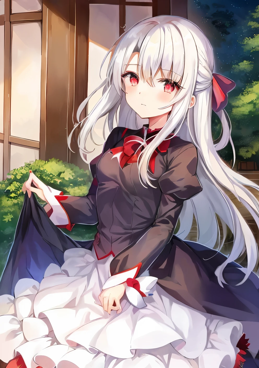 (Einzbern family),(anime style),(Fate/Stay Night),(cute girl),(young woman),(popular isekai anime),(white-haired deity),(key artwork from anime),(Fate/Stay Night),(Fate/Stay Night),(best girl of anime),(ufotable art style),(red eyes),(),(artificial being，flat chest，Small chest)