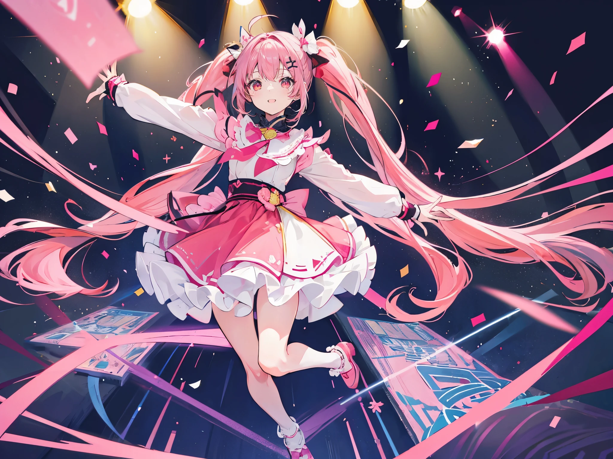 (muste piece), (best quality), very detailed, ((1 girl)), solo full body shot,Viewer's perspective,dynamic,jump,(smile),wink,perfect face, beautiful face, very detailedな顔,((Pink hair long twin tails_red eyes:1.3)),Gorgeous idol costumes,solo idol,ribbon hair ornament,concert dome,live,have a microphone,singing,smiling with mouth wide open,Laser Light,Spotlight,Lots of confetti