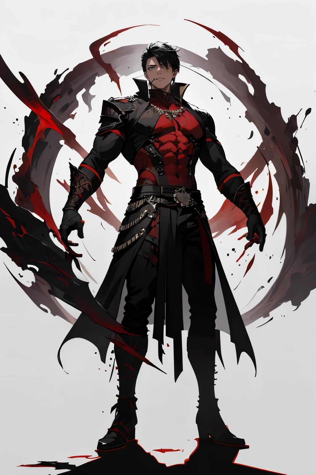 Masterpiece, one dark male character, solo, clad in warrior attire with red and black accents, a look of dark motivation in his piercing eyes, standing inside a circular arena, rendered in high detail with vector style precision. Blood stains the ground beneath his feet, adding an ominous and intense atmosphere to the scene. His muscular build and sharp features exude a sense of menace and intrigue. The side look he gives hints at a complex backstory and hidden intentions. The vector style enhances the bold lines and sharp edges, highlighting the gritty nature of the scene.