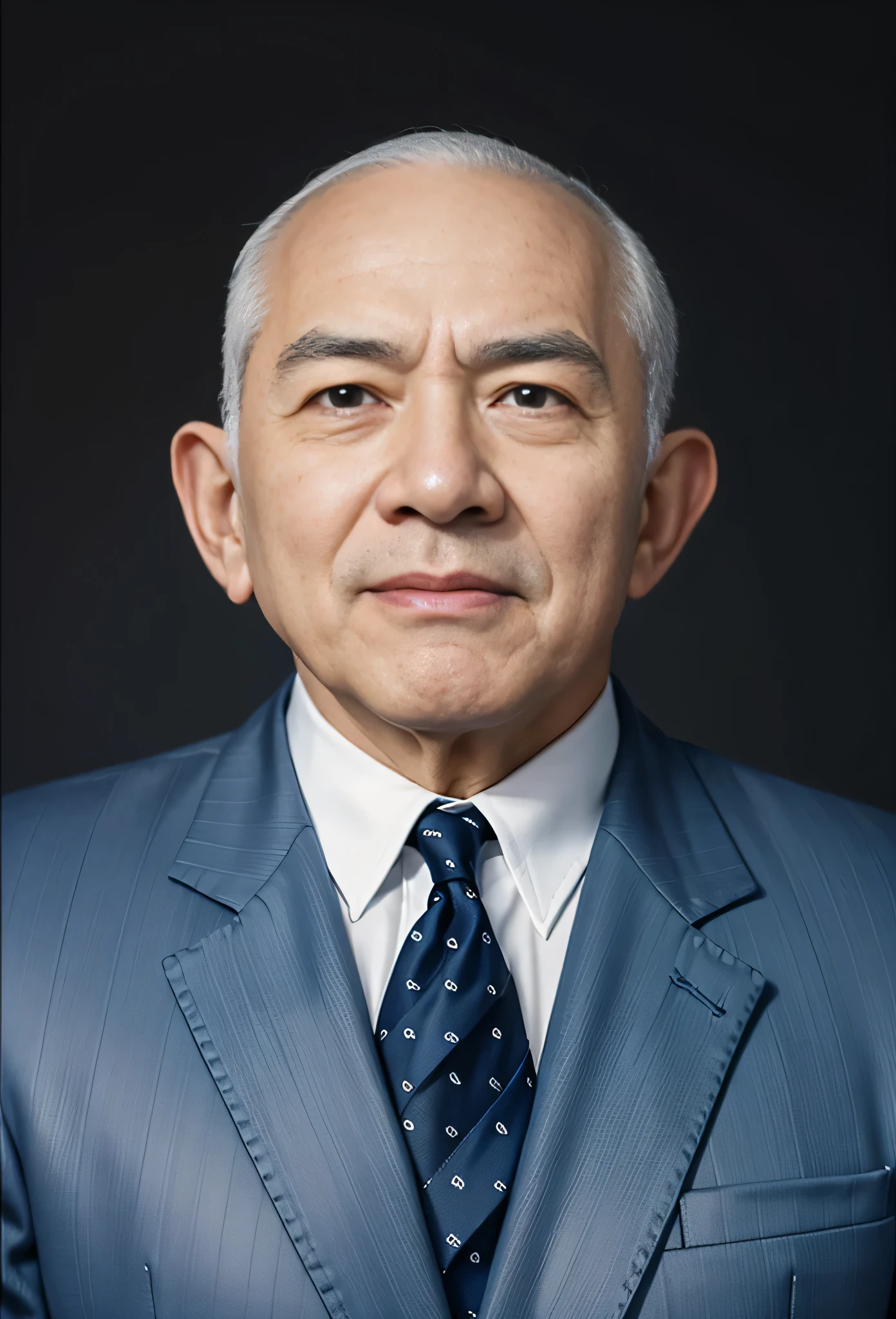 Highly realistic photo, ((masterpiece), (best quality), (raw photo), (photorealistic:1.4), Portrait of Vietnamese old man, 85 years old, ((white hair)) tall bald head, ((wearing a dark suit)), ((dark blue background)), ((don't wear glasses)) , photo taken by Sony A7IV