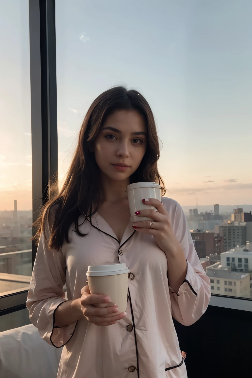 RAW photo, a super beautiful woman wearing her pajamas, holding a cup of coffee while staring at the sunrise, raw photo, raw, cinematic, photorealistic, soft lighting, glossy, glossy skin, clear eyes, sharp eyes, radiant skin, realistic skin, hyper realistic, hyper realistic skin, realistic eyes