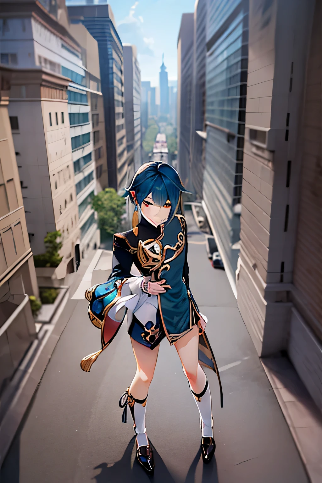 (Giant), young (mean) cute boy prince standing on a (shrunken city), genshin impact, 原神, game character, video game, (xingqiu), short blue hair, laugh, looking at viewer, close-up, Masterpiece, (atmospheric perspective), from above, size fetish,