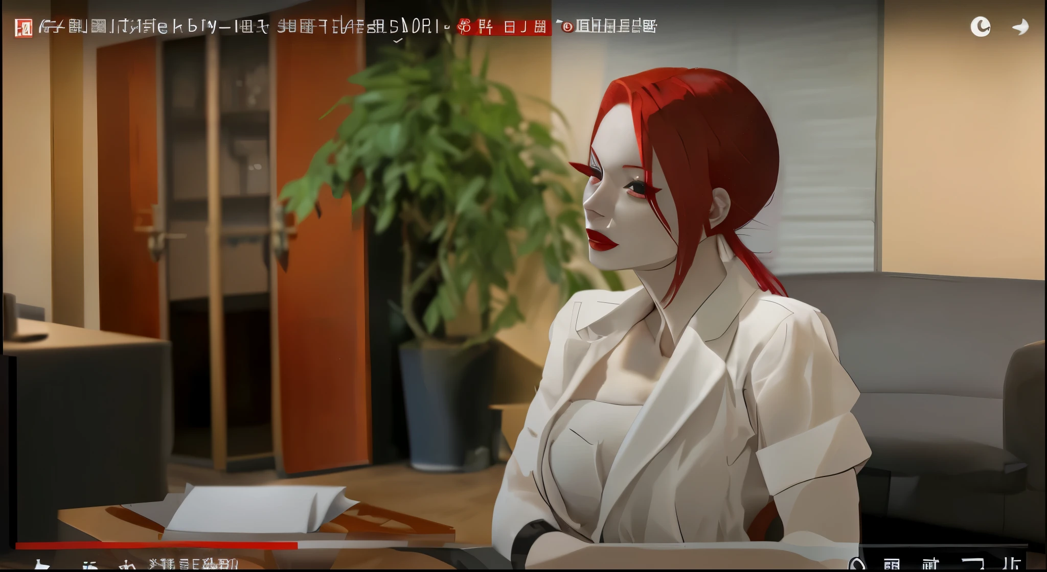 red-haired woman, red eyes, 30 years old, makes gestures of evil, mischievous and sensual look, improve face