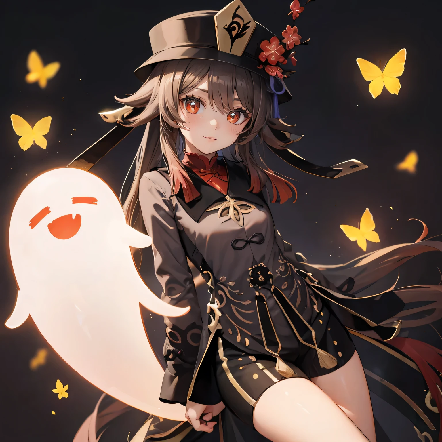 hu tao influence of genshin, anime style ,brown background, there are many butterflies flying in the background, ghost, Red eyes , It has,smile,detailed image, legs, sweet look, Hands down, detailed