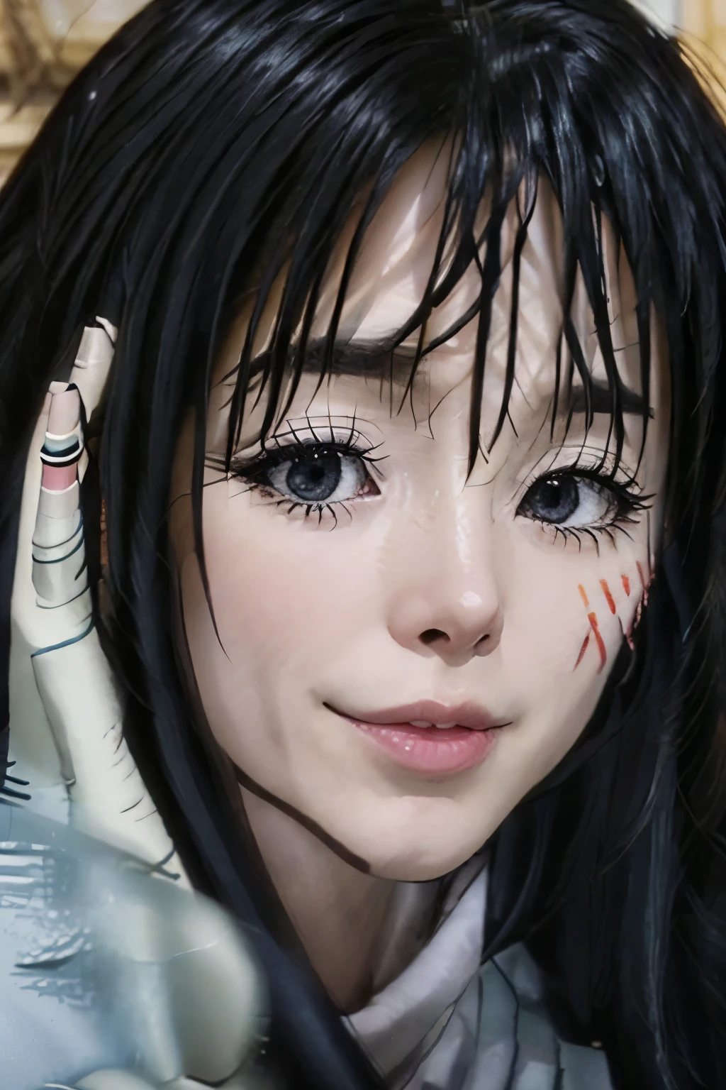 Shizue, Shizue Attire, white shirt, white cape, black pants, long hair, black hair, dark blue eyes, white gloves,Shizue Attire,photorealistic,detailed, blurred background, detailed face, detailed eyes, detailed hair , perfcet loking , beautiful, absolute hyper real, hyperrealism, mix of fantasy and realism, best art, cowboy shot, best poses, best details, a girl, raw image, close up shot, 4k, shot on cinematic camera , cinematic.