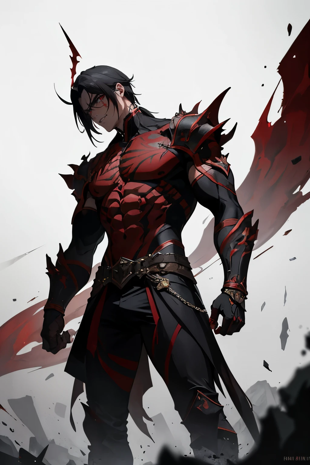 Masterpiece, one dark male character, solo, clad in warrior attire with red and black accents, a look of dark motivation in his piercing eyes, standing inside a circular arena, rendered in high detail with vector style precision. Blood stains the ground beneath his feet, adding an ominous and intense atmosphere to the scene. His muscular build and sharp features exude a sense of menace and intrigue. The side look he gives hints at a complex backstory and hidden intentions. The vector style enhances the bold lines and sharp edges, highlighting the gritty nature of the scene.