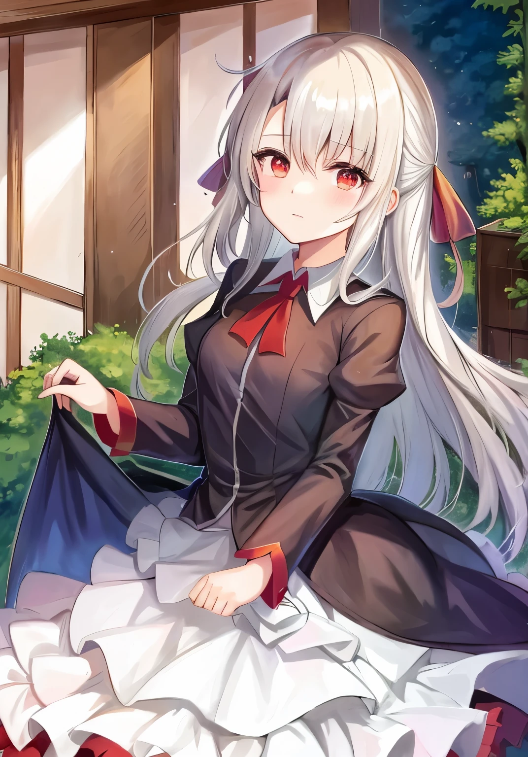 (Einzbern family),(anime style),(Fate/Stay Night),(cute girl),(young woman),(popular isekai anime),(white-haired deity),(key artwork from anime),(Fate/Stay Night),(Fate/Stay Night),(best girl of anime),(ufotable art style),(red eyes),(li),(artificial being，flat chest，Small chest，Small size，low，Low height)