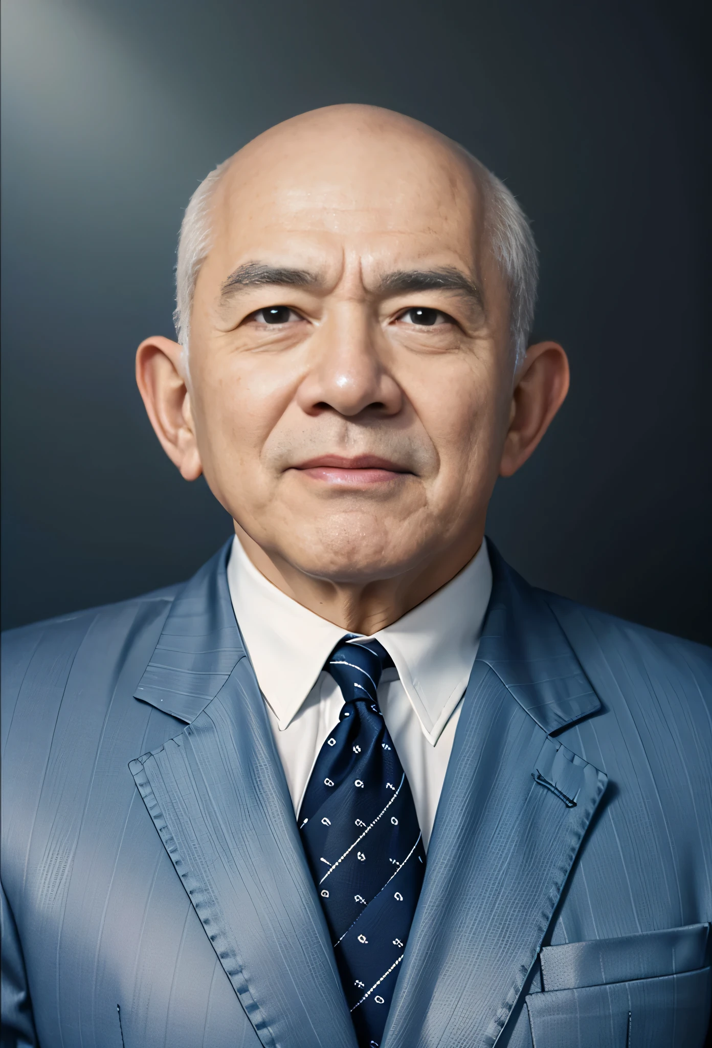 Highly realistic photo, ((masterpiece), (best quality), (raw photo), (photorealistic:1.4), Portrait of Vietnamese old man, 85 years old, ((white hair)) tall bald head, ((wearing a dark suit)), ((dark blue background)), ((don't wear glasses)) , photo taken by Sony A7IV
