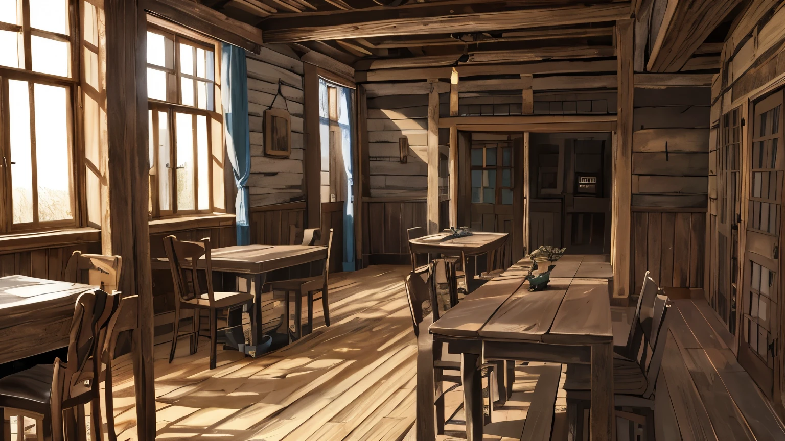 tavern, fantasies, no people, деревянная fantasies таверна, Wooden walls, Spacious room, many wooden tables, gloomy, poor, sadly, no people, 2D, Clear Line