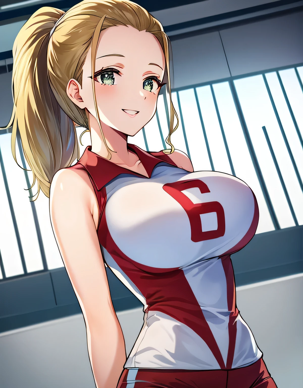 Akebibolu,volleyball uniform,sleeveless shirt,shorts,hair tie,ponytail,(big breasts:1.5),shiny,hair,((alone)),((masterpiece)),((highest quality)),perfect anatomy,slim waist,perfect image,8k UHD,(detailed and beautiful eyes:1.3),highly detailed face,Are standing,(Upper body:1.1),(look ahead:1.1),back arm,super detailed,disorganized,High resolution,indoor arena,smile,