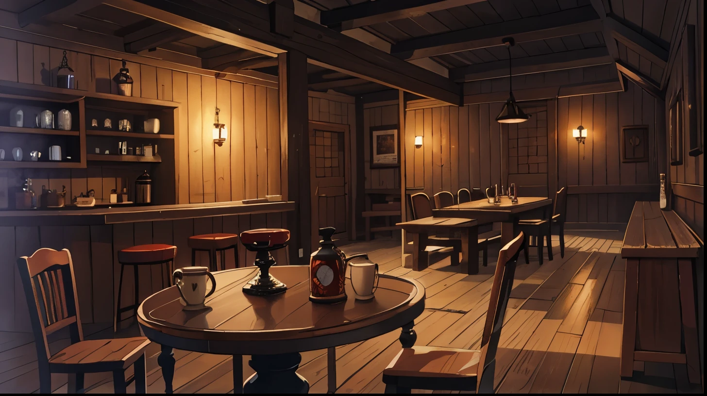 tavern, fantasies, no people, деревянная fantasies таверна, Wooden walls, Spacious room, many wooden tables, gloomy, poor, sadly