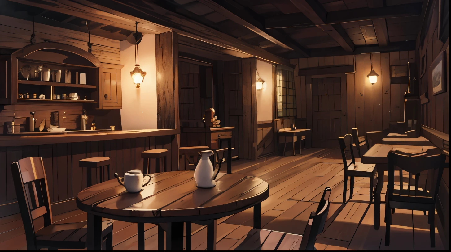 tavern, fantasies, no people, деревянная fantasies таверна, Wooden walls, Spacious room, many wooden tables, gloomy, poor, sadly