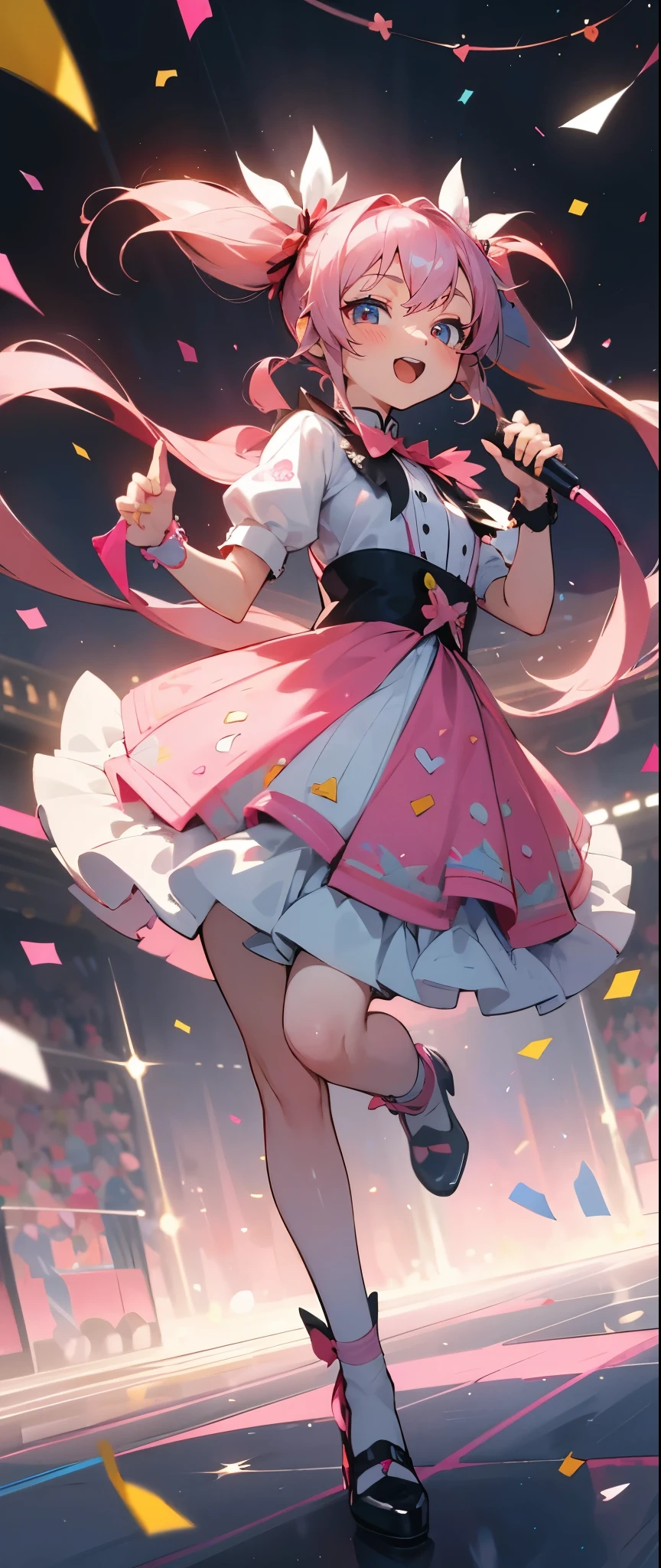(muste piece), (best quality), very detailed, ((1 girl)), solo full body shot，Viewer&#39;s perspective，dynamic，jump，(smile)，wink，perfect face, beautiful face, very detailedな顔，((Pink hair long twin tails_red eyes:1.3))，Gorgeous idol costumes，solo idol，ribbon hair ornament，concert dome，live，have a microphone，singing，smiling with mouth wide open，Laser Light，Spotlight，Lots of confetti