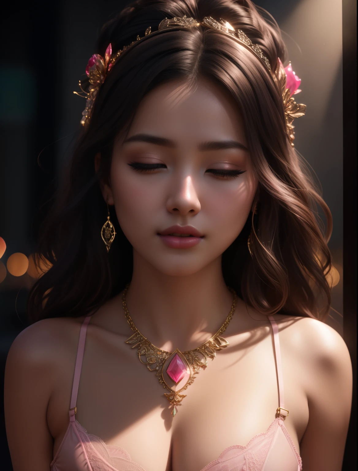 best quality, masterpiece, highres, 1girl, lingerie china armor, hair ornament, necklace, jewelry, Beautiful face, upon_body, tyndall effect, photorealistic, dark studio, rim lighting, two tone lighting, (high detailed skin:1.2), 8k uhd, dslr, soft lighting, high quality, volumetric lighting, candid, Photograph, high resolution, 4k, 8k, Bokeh, medium breasts, (light pink lips),