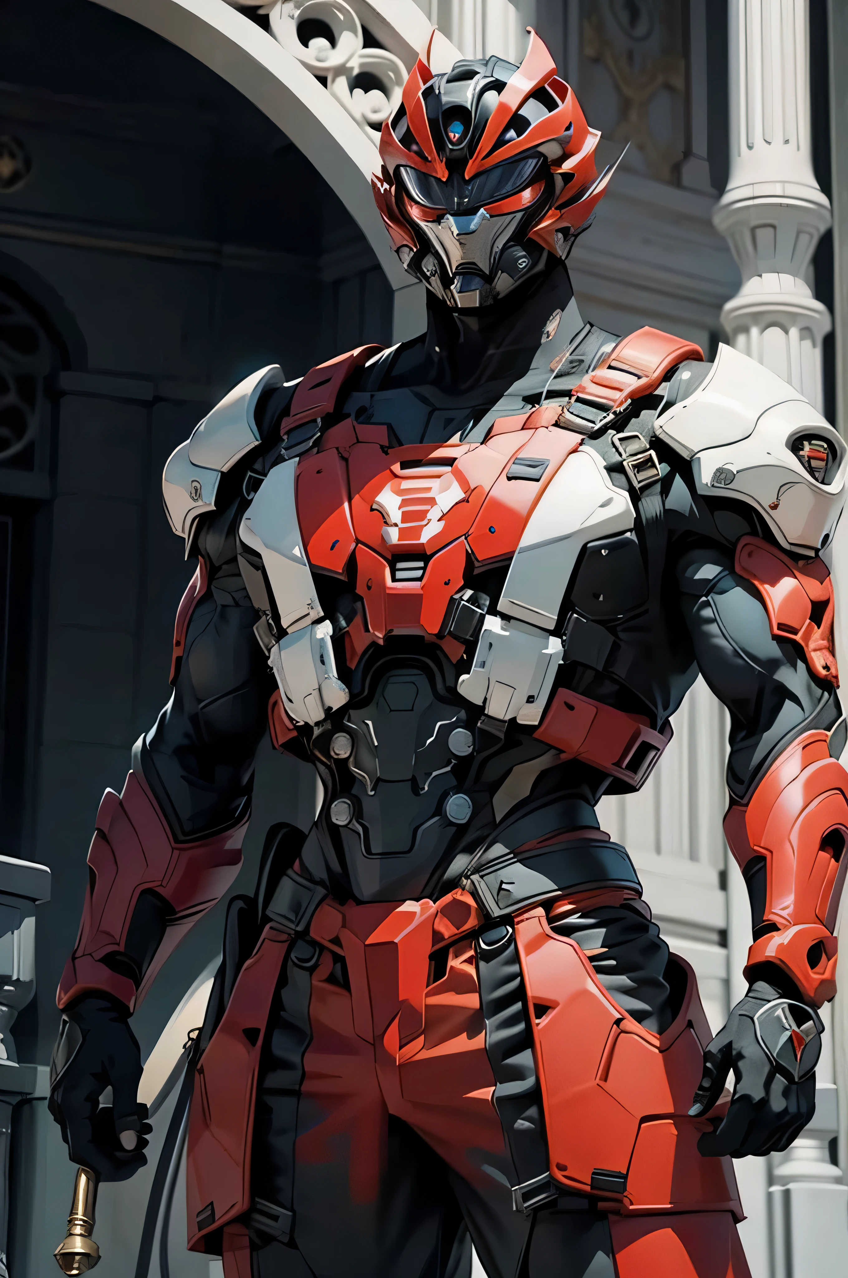 Power Ranger、Man、 Traje vermelho、mascarar、Capacete integral、homem、cabelo curto cor preto、pele clara