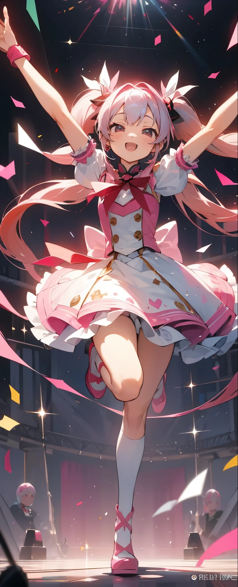 (muste piece), (best quality), very detailed, ((1 girl)), solo full body shot,Viewer's perspective,dynamic,jump,(smile),wink,perfect face, beautiful face, very detailedな顔,((Pink hair long twin tails_red eyes:1.3)),Gorgeous idol costumes,solo idol,ribbon hair ornament,concert dome,live,have a microphone,singing,smiling with mouth wide open,Laser Light,Spotlight,Lots of confetti