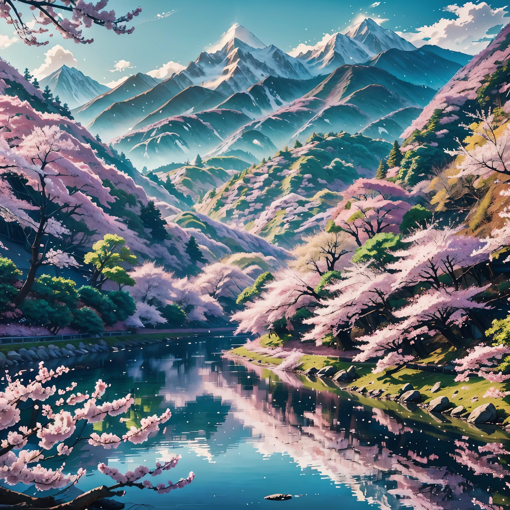 "Generate a mesmerizing AI-generated anime landscape featuring a serene riverbank adorned with cherry blossoms in full bloom. Enrich the scene with a distant mountain range, vibrant colors reflecting in the water, and a subtle touch of magic in the air."    NO HUMAN
