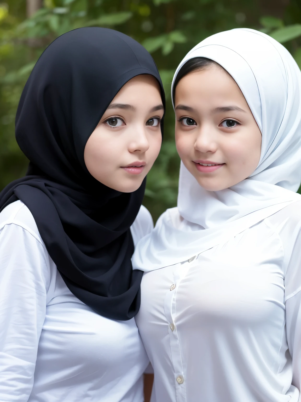 adorable, 2 girl, (face to face), , baby face, hl body portrait, (face details: 1), (eye details: 1), ((big breasts)). wearing white long shirt, hijab, .. Cute posed. proportional body. Ultra High Res. realistic: 1.4, UHD