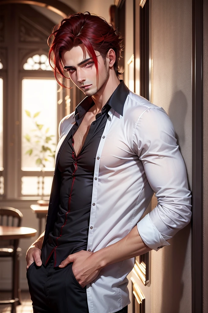 Jeune beau jeune homme, chemise blanche, cheveux noirs regard froid, avec les yeux rouge