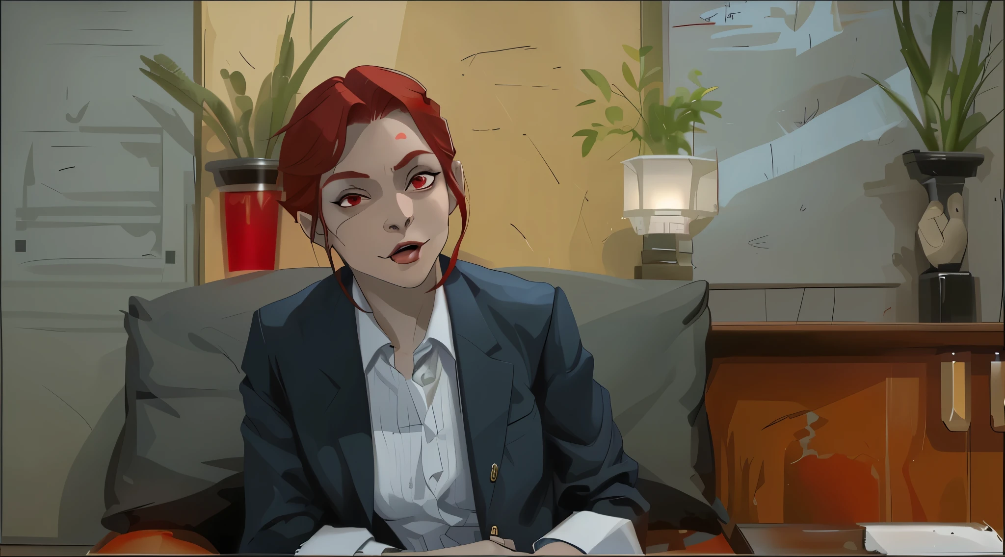 red-haired woman with red eyes is talking to someone, threatening him, 30 years old, making gestures with an evil, mischievous and sensual look.