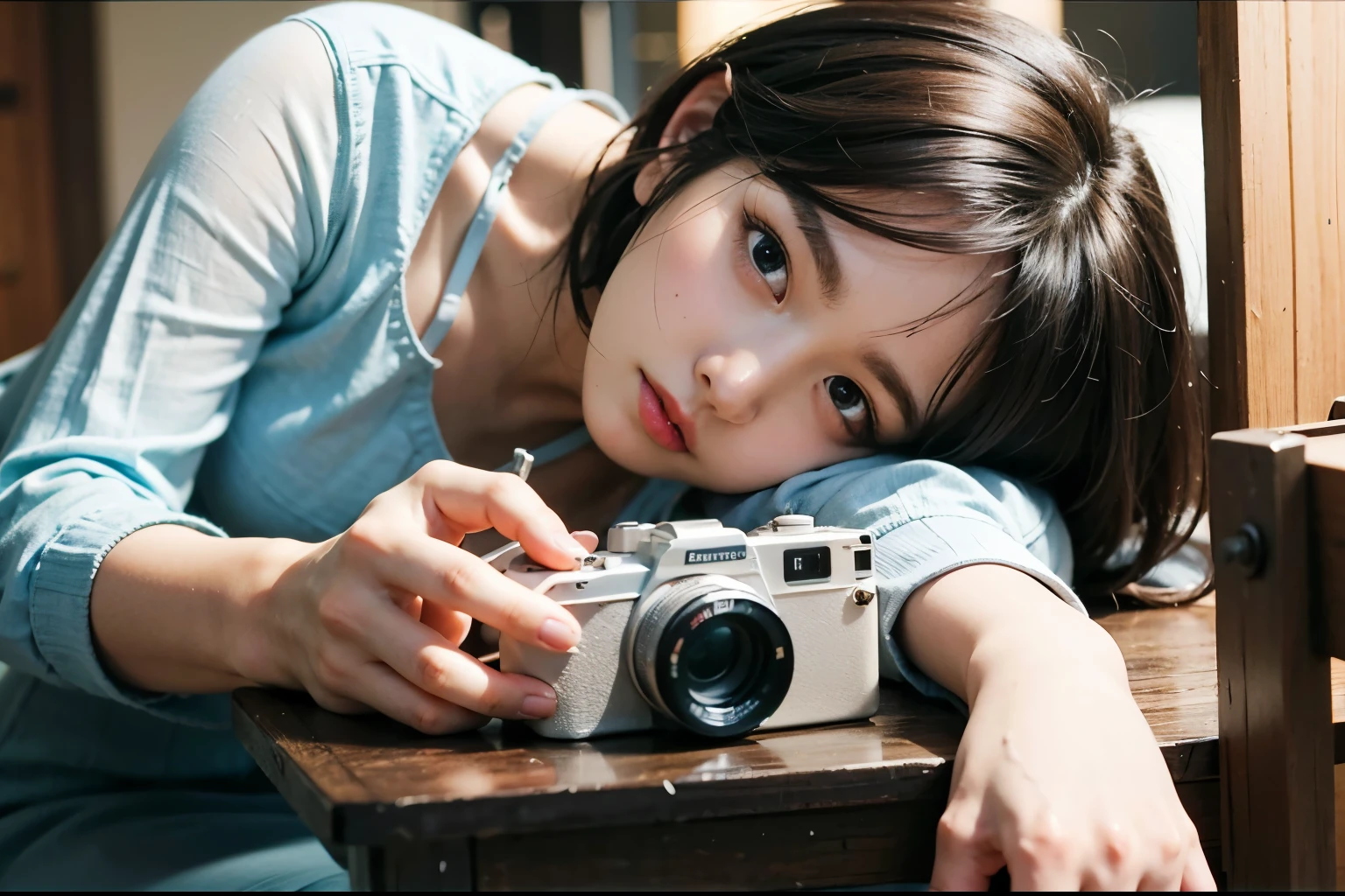 (Best quality, 8k, 32k, Masterpiece, UHD:1.2) "Generate a captivating artwork featuring a young Japanese girl model with short, sleek black hair styled in a chic bob haircut. Envision her bathed in dramatic cinematic lighting, creating an atmosphere of allure and mystery. Emphasize a romantic aesthetic vibe, showcasing the model in a poised and elegant pose that evokes a sense of intimacy and sophistication. Utilize warm and soft tones to enhance the romantic ambiance, and consider incorporating elements like flowing fabrics or flowers to add a touch of ethereal beauty. Capture the essence of romance and beauty through the model's expression, the play of light and shadows, and the overall aesthetic, creating a visually compelling and emotionally resonant piece." (perfect eyes), flawless skin, flawless face, cinematic, tight body, ((well-proportion female hands)), ((female hands with five digits)) ((Body is well proportioned)), ((chic bob haircut)), ((Camera))